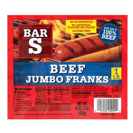 BarS Beef Jumbo Franks 16oz Case